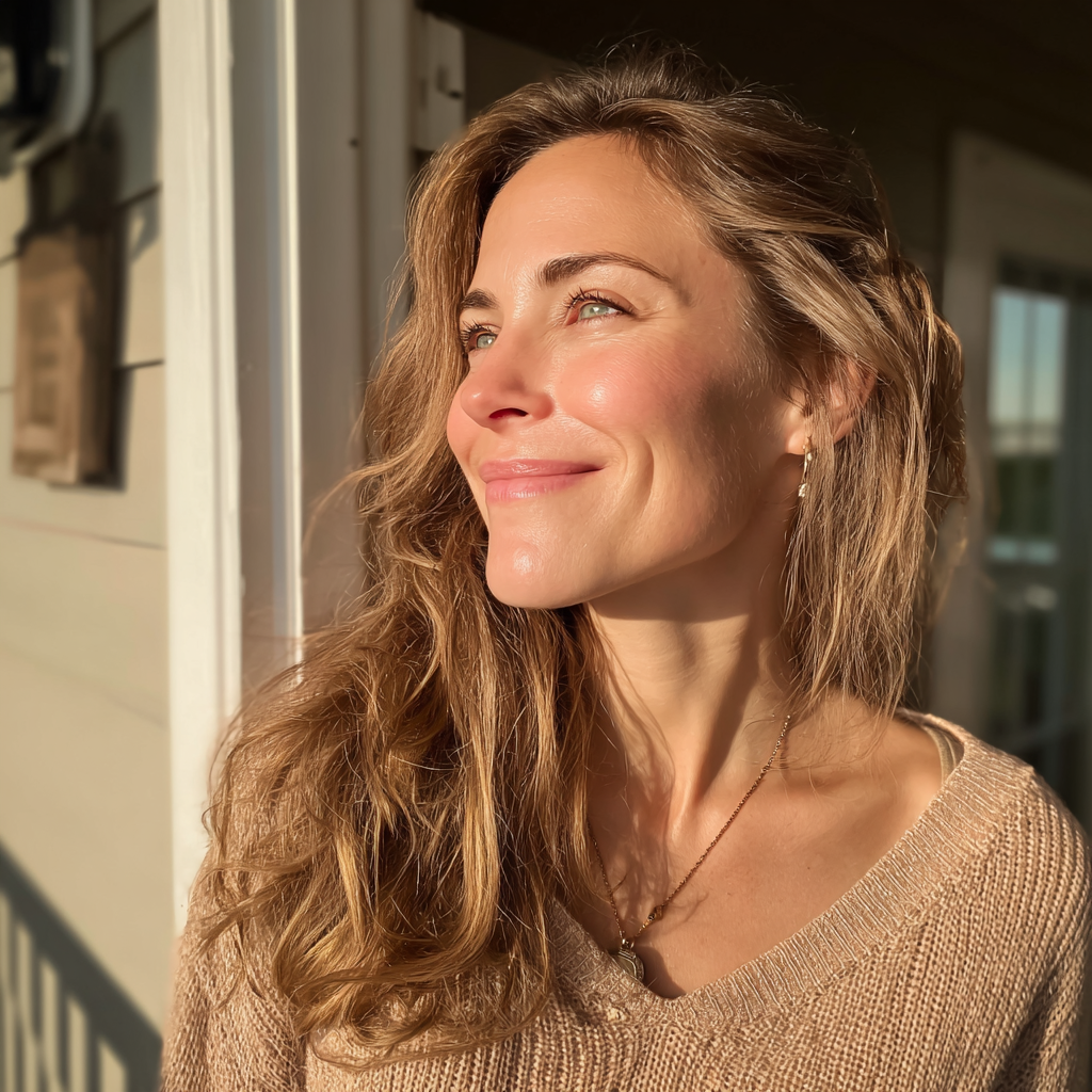 Una mujer sonriente en el exterior | Fuente: Midjourney