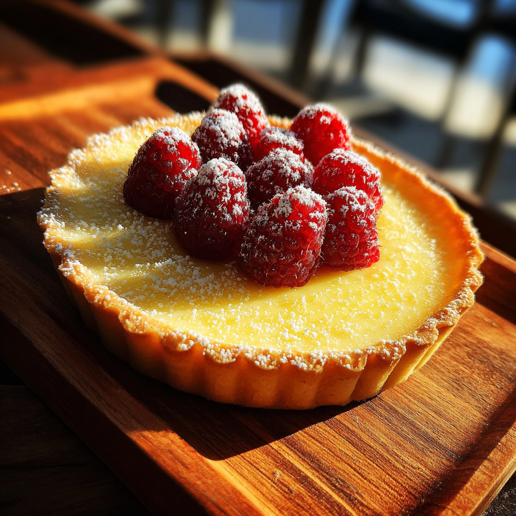 Una tarta de limón con frambuesas azucaradas en una bandeja de madera | Fuente: Midjourney