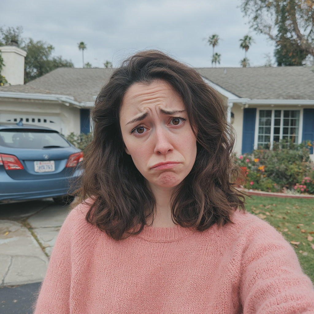 Una mujer alterada frente a una casa | Fuente: Midjourney