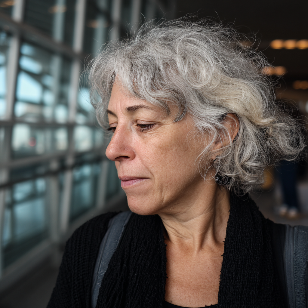 Una mujer mayor de edad de pie en un aeropuerto con un cárdigan negro | Fuente: Midjourney