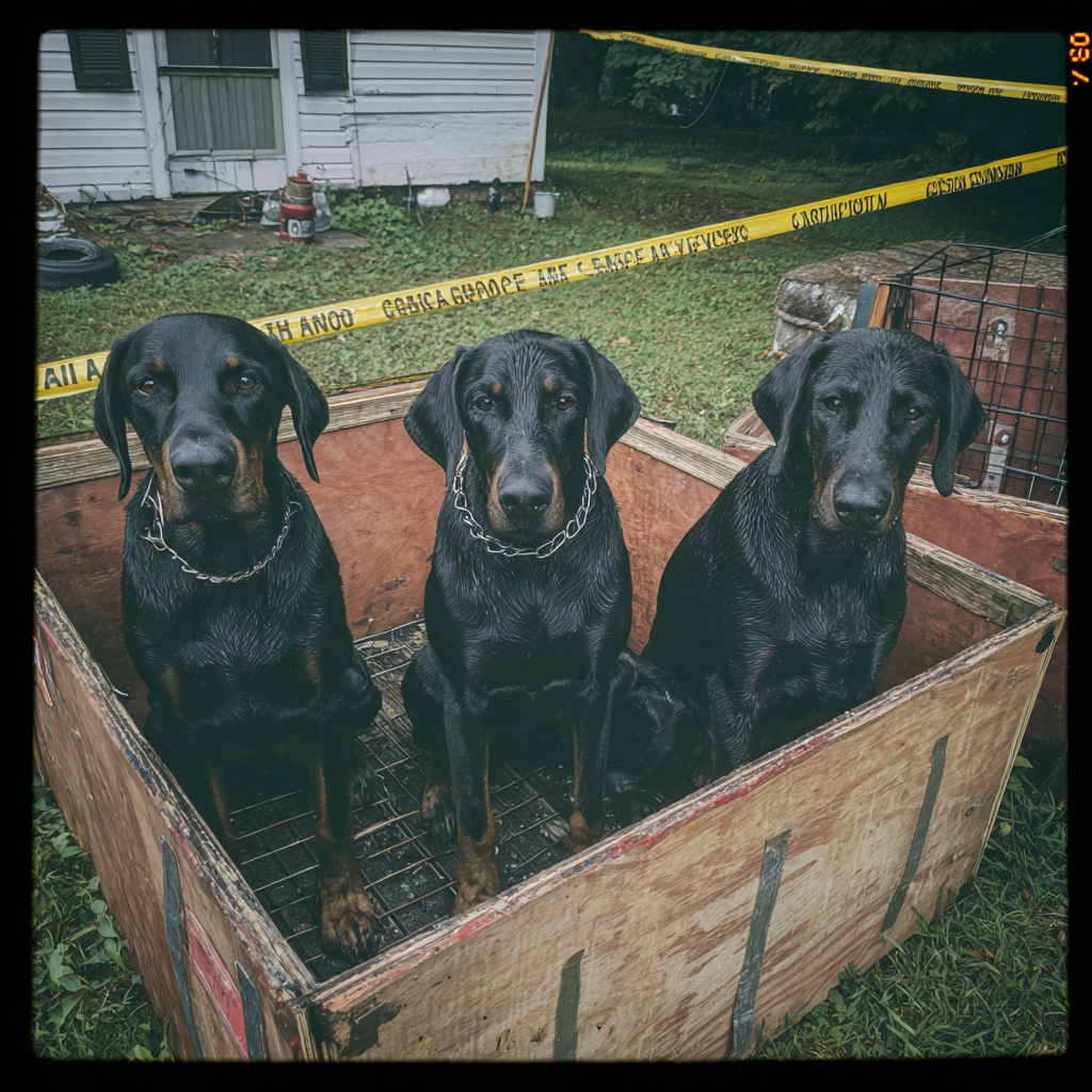Tres perros sentados en una caja de madera | Fuente: Midjourney