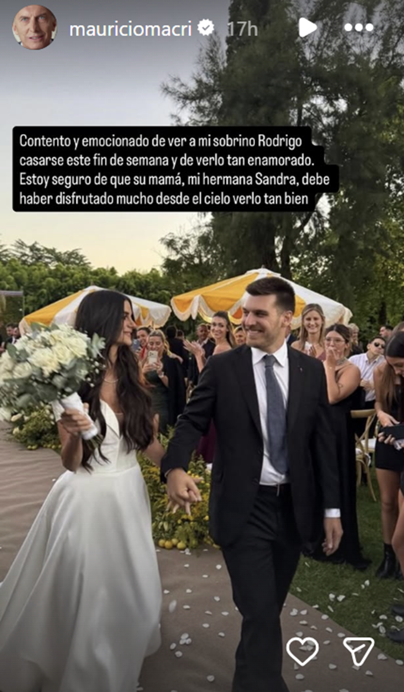 Mauricio Macri compartió un mensaje especial por la boda de su sobrino recordando a su hermana, Sandra Macri | Fuente: Instagram Stories/mauriciomacri