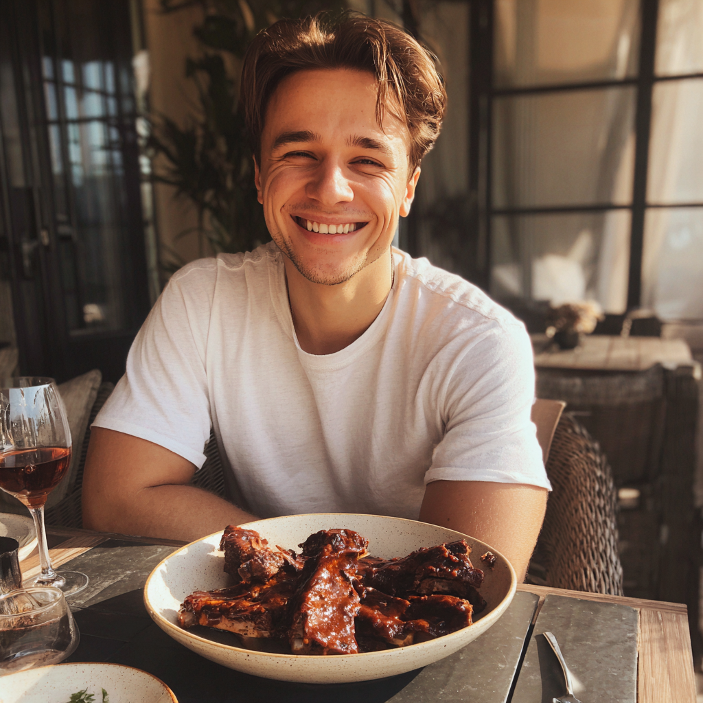 Un joven sonriente sentado en una mesa | Fuente: Midjourney