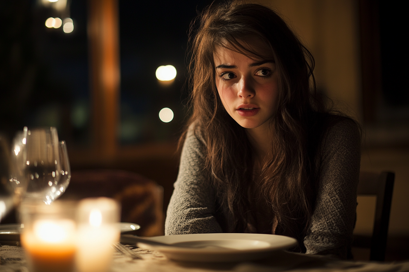 Una mujer en un restaurante con aspecto incierto | Fuente: Midjourney