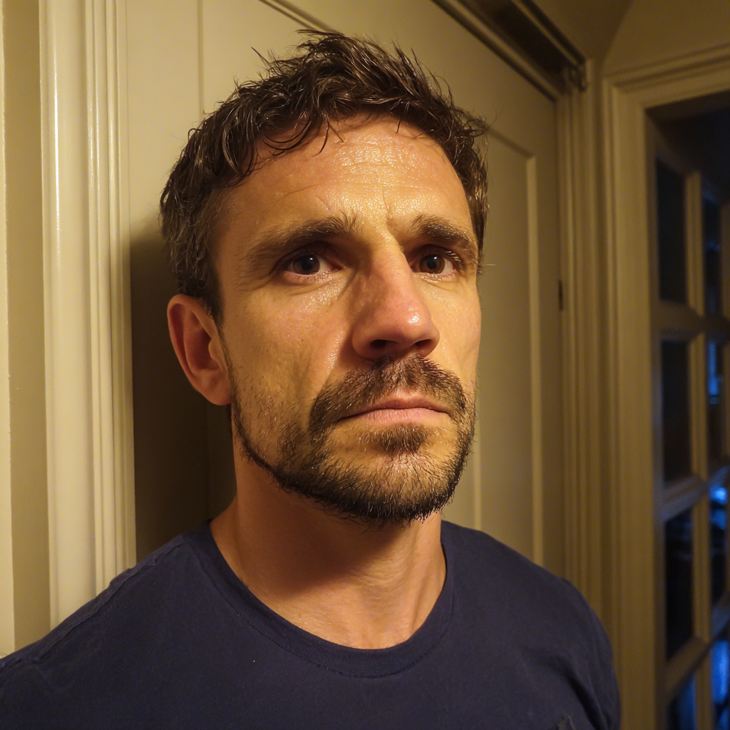 Un hombre pensativo con una camiseta azul marino | Fuente: Midjourney