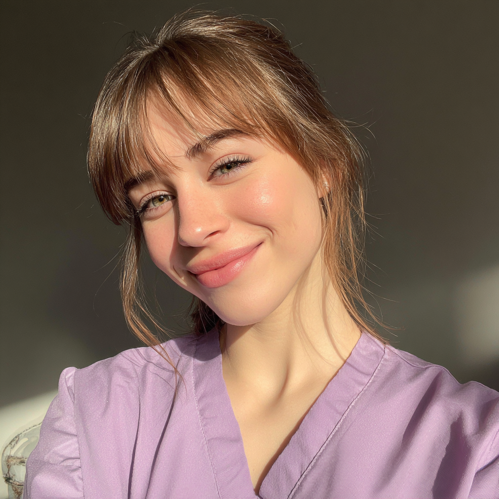 Una joven con uniforme lila | Fuente: Midjourney
