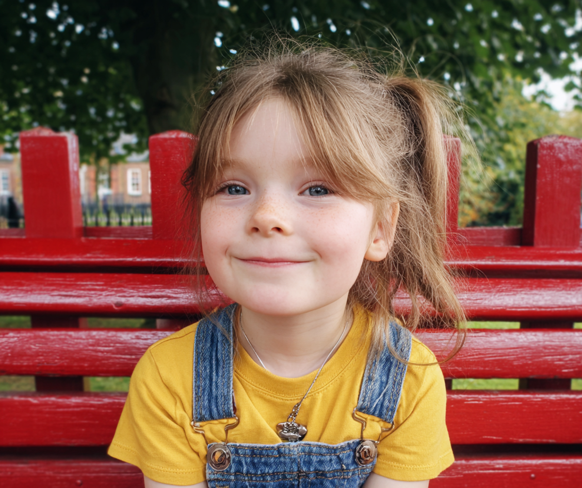 Una niña sonriente sentada en un banco | Fuente: Midjourney
