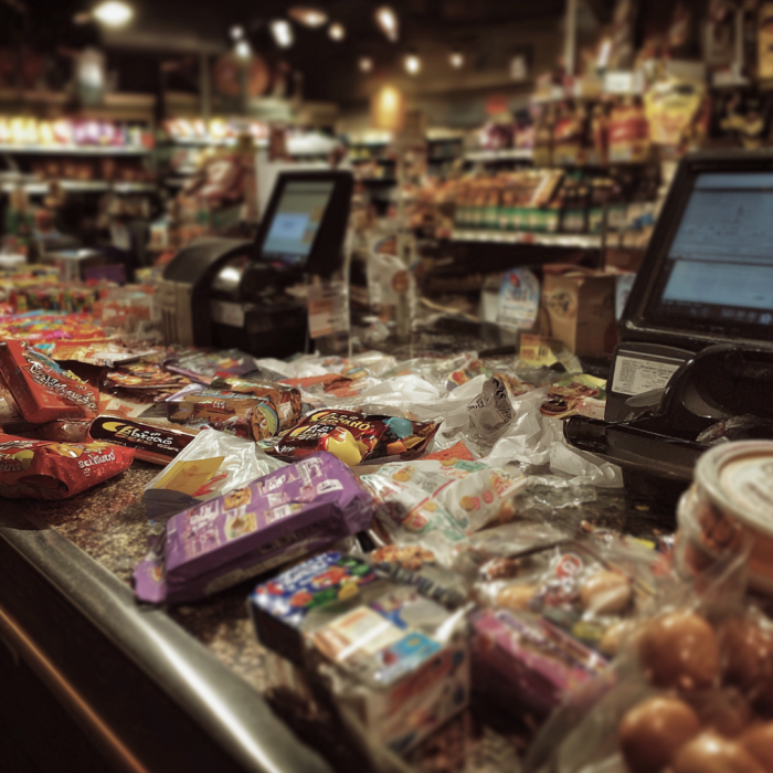 Artículos de alimentación en la caja de una tienda | Fuente: Midjourney