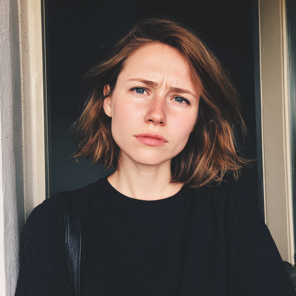 Una mujer ceñuda ante la puerta de su casa | Fuente: Midjourney