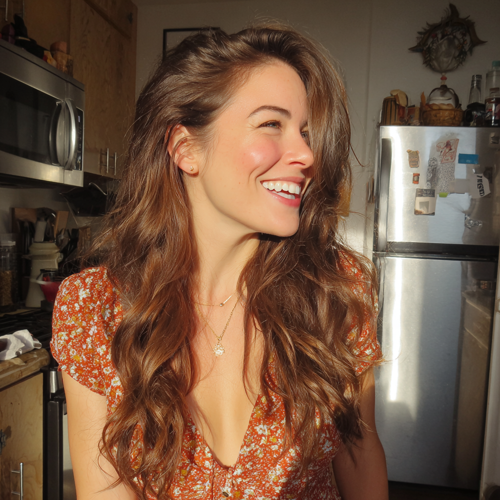 Una mujer sonriente y despreocupada de pie en una cocina | Fuente: Midjourney