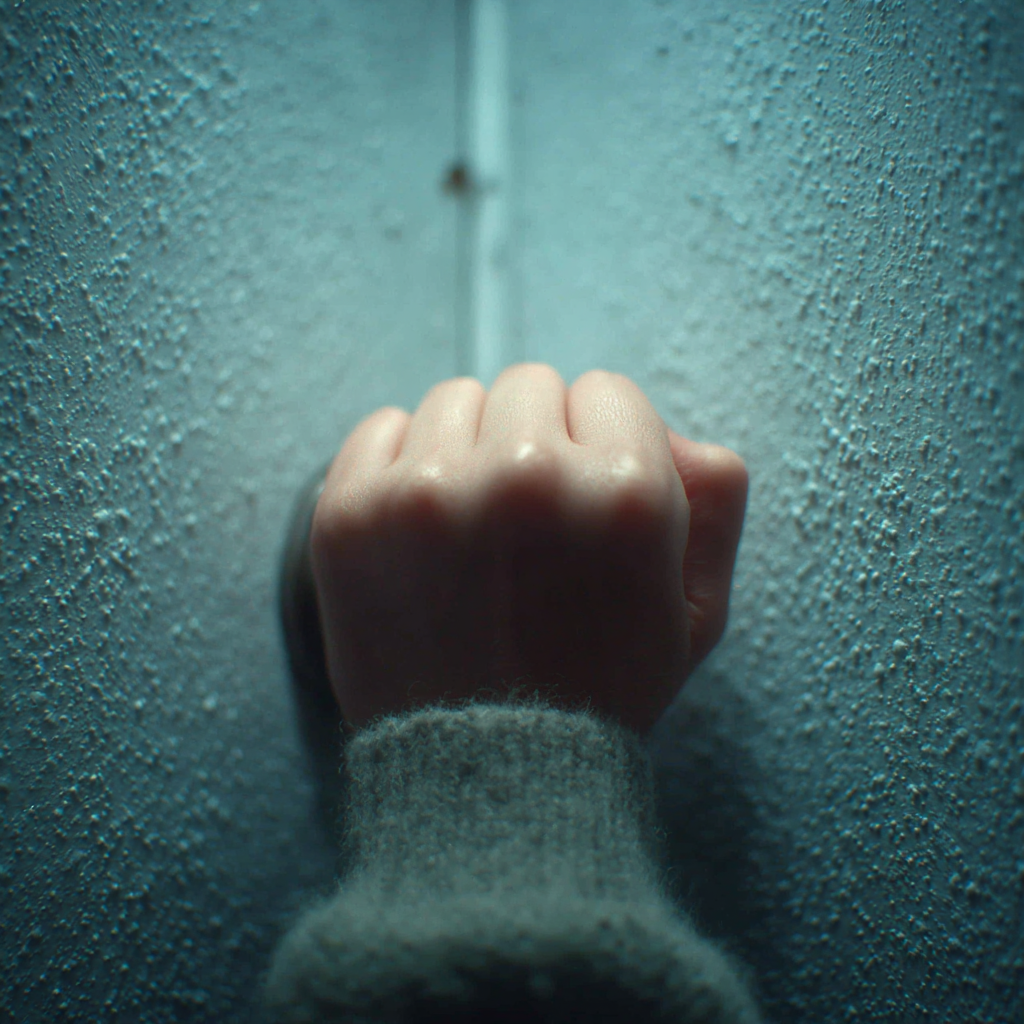 Primer plano del puño de una mujer golpeando una puerta cerrada | Fuente: Midjourney