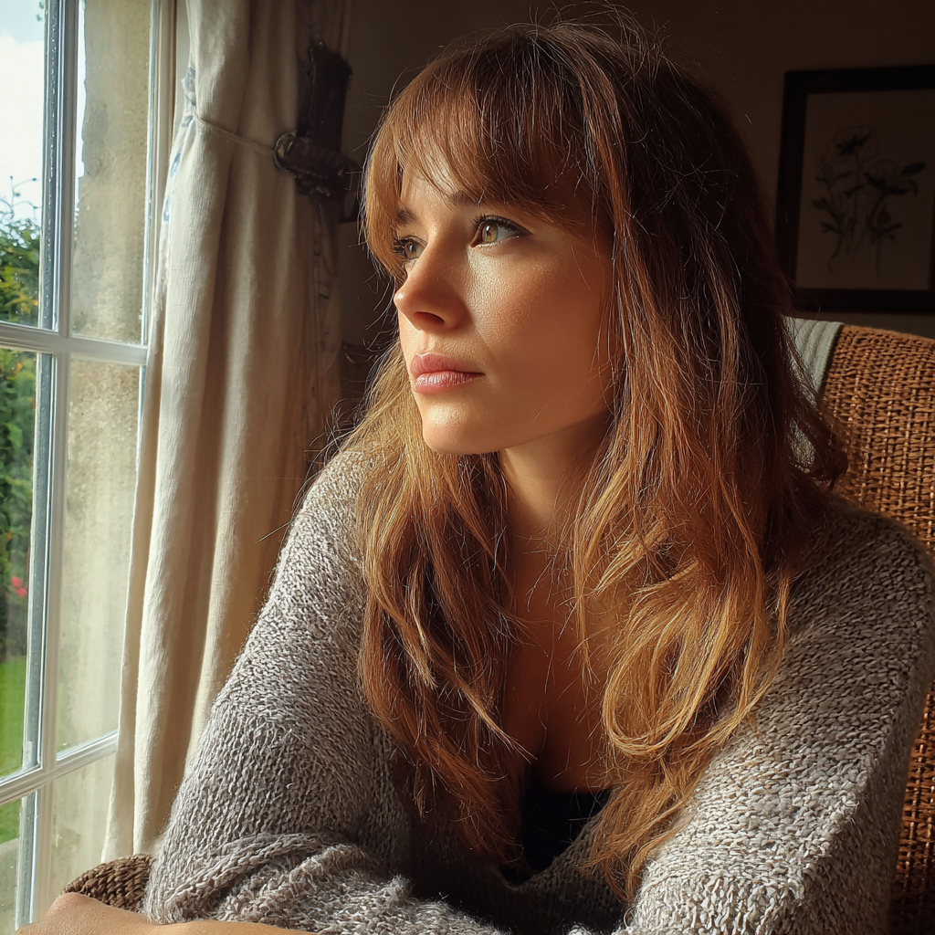 Una mujer sentada en un sillón y mirando por una ventana | Fuente: Midjourney