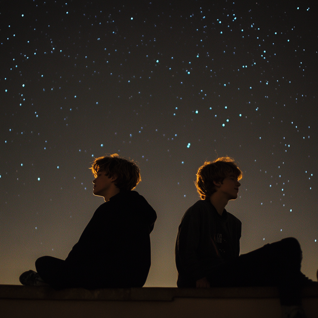 Dos chicos mirando las estrellas en un tejado | Fuente: Midjourney