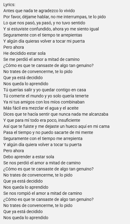 Letra de la canción "Última" de Shakira | Fuente: YouTube/Shakira
