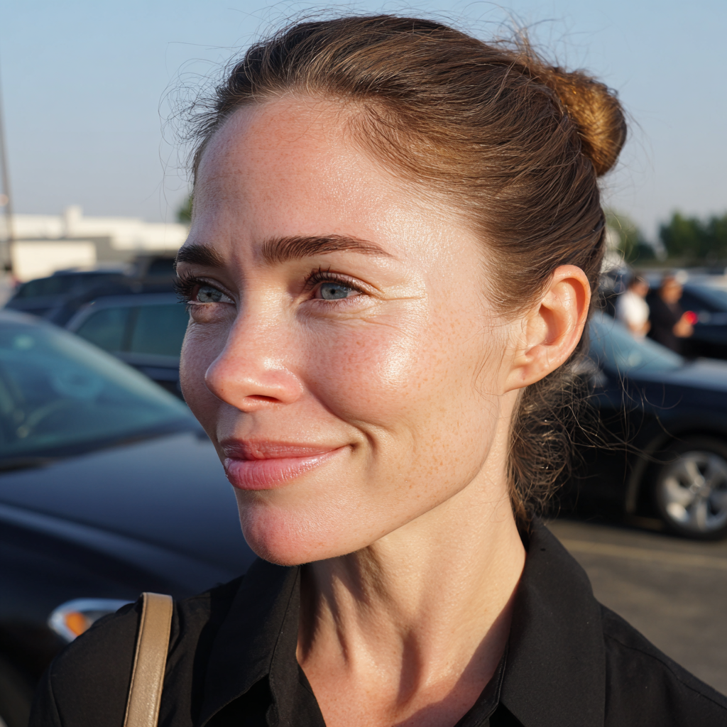 Una mujer sonriente de pie en un estacionamiento | Fuente: Midjourney