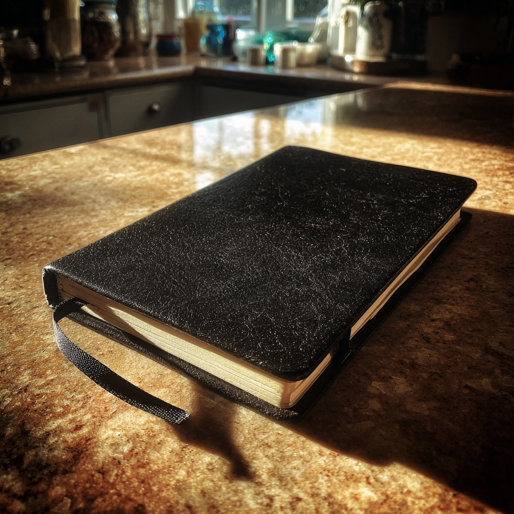 Un diario negro sobre una mesa de cocina | Fuente: Midjourney
