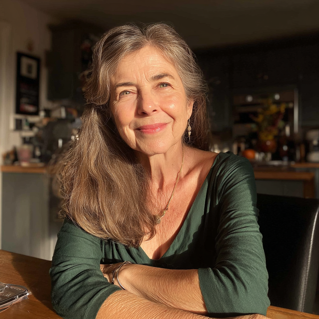Una mujer mayor sonriente sentada a una mesa | Fuente: Midjourney