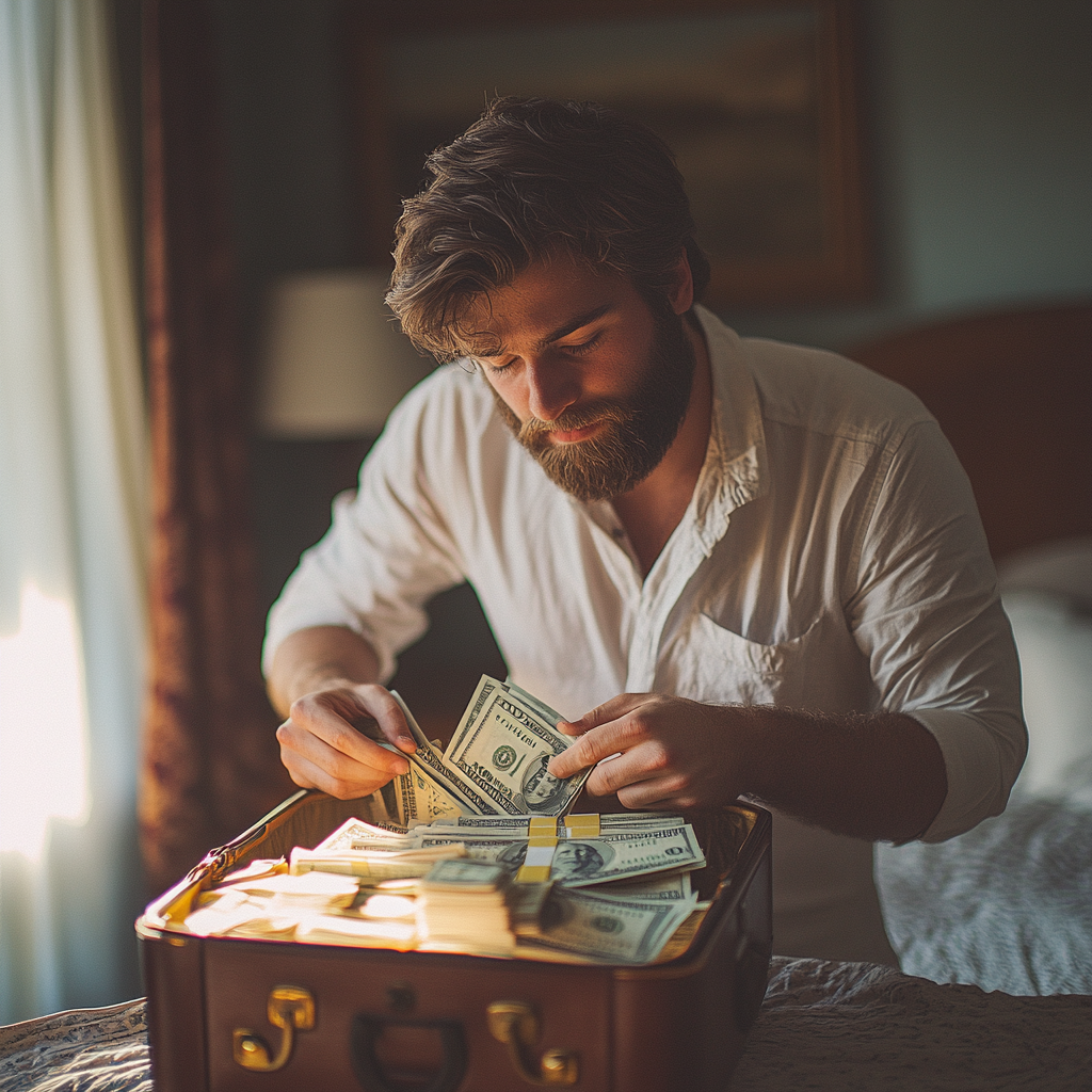 Dan metiendo el dinero en la maleta | Fuente: Midjourney