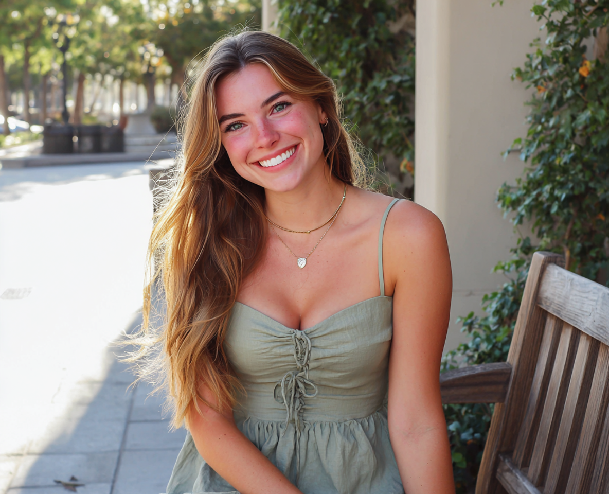 Una mujer sonriente sentada en un banco | Fuente: Midjourney