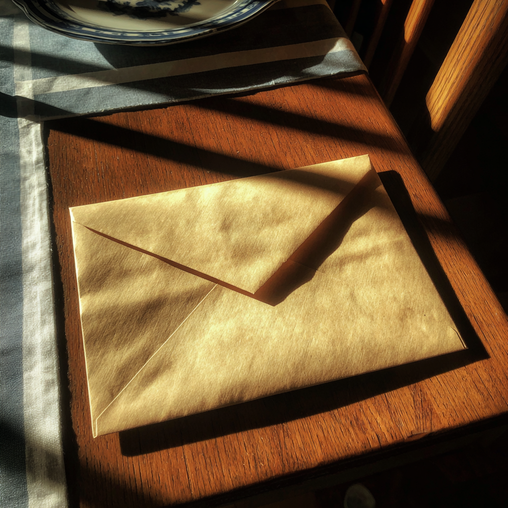 Un sobre en una mesa de comedor | Fuente: Midjourney