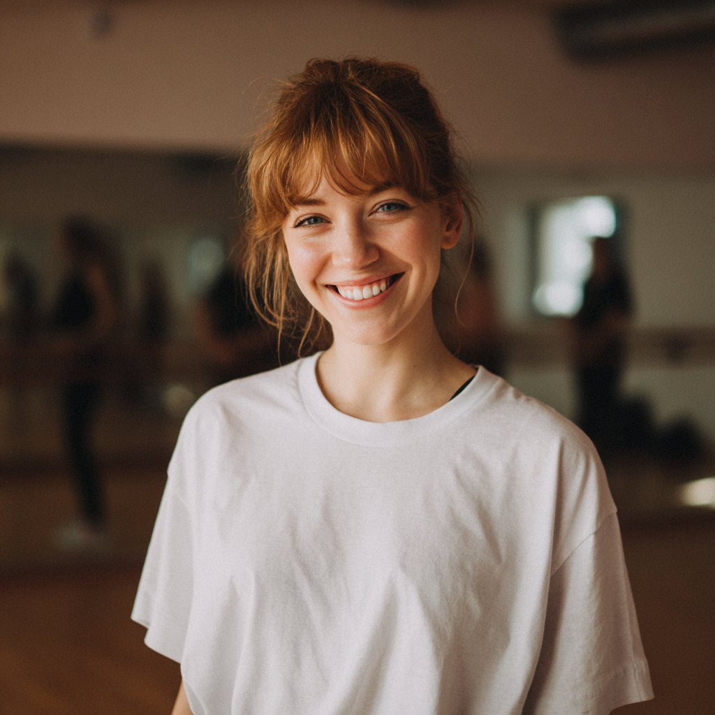 Una mujer sonriente en un estudio de danza | Fuente: Midjourney