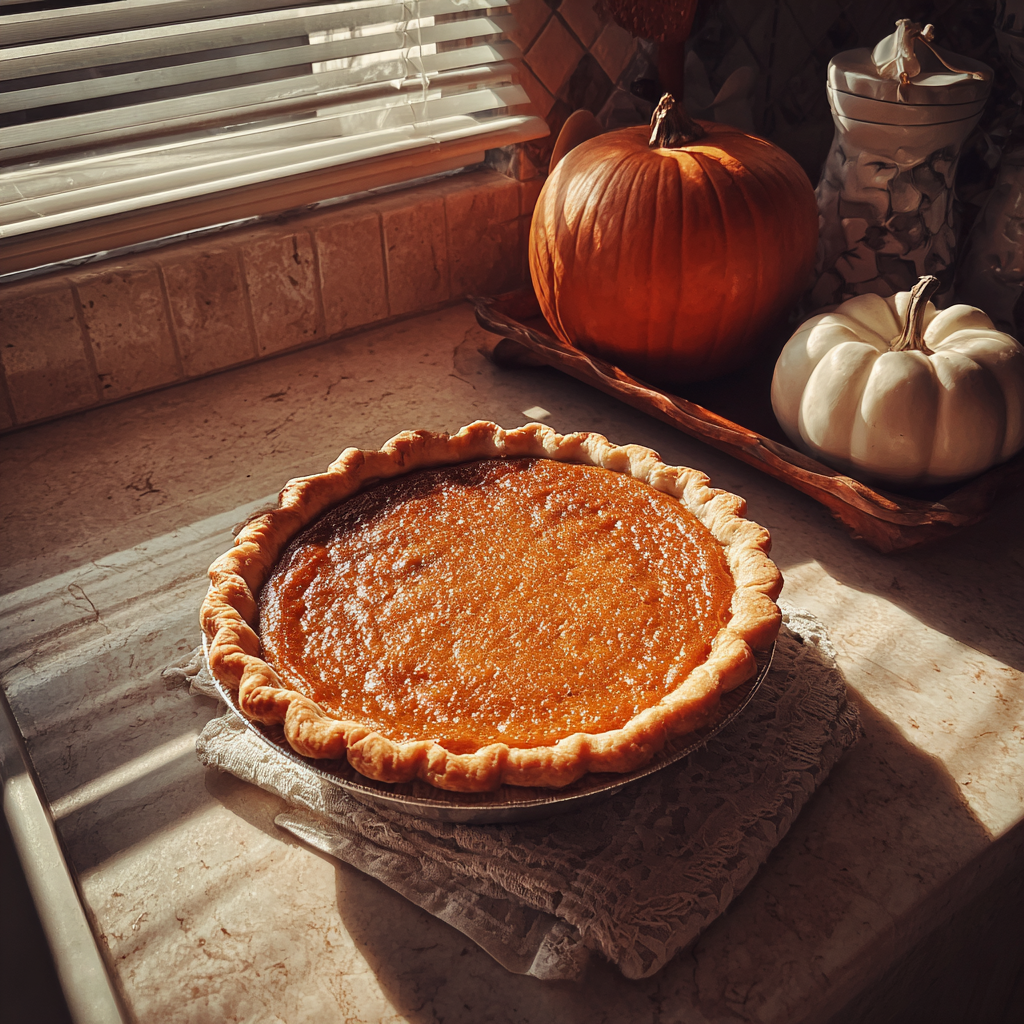 Una tarta de calabaza en la encimera de la cocina | Fuente: Midjourney