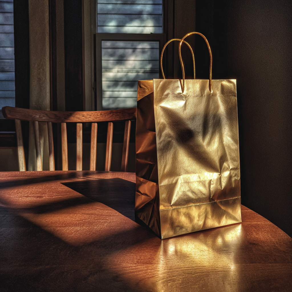 Una bolsa de regalo dorada sobre una mesa | Fuente: Midjourney