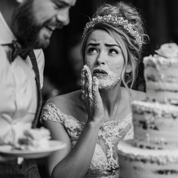 Novia incrédula, con crema pastelera en la cara mientras el novio se ríe | Fuente: Midjourney