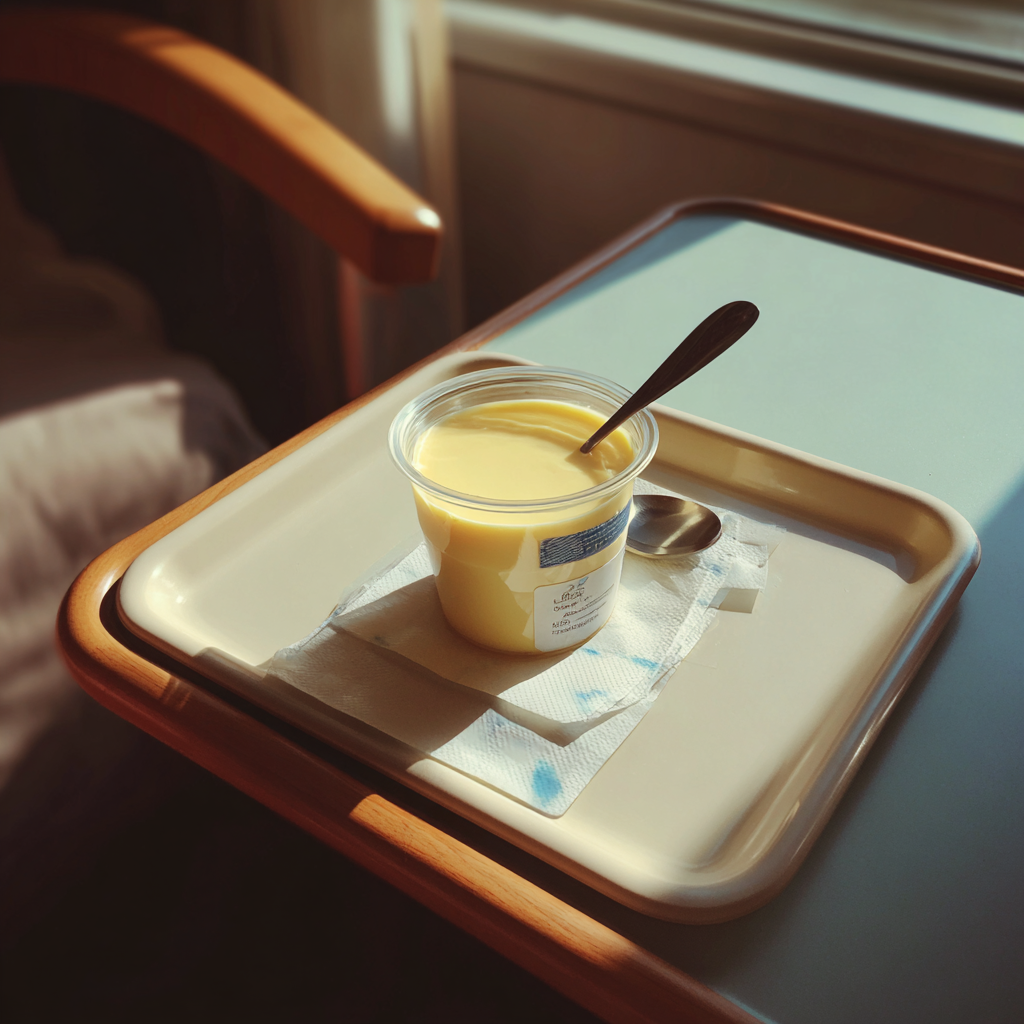 Un recipiente de natilla en una bandeja de hospital | Fuente: Midjourney