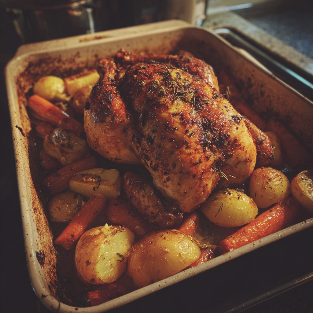 Un pollo asado y verduras en una bandeja de horno | Fuente: Midjourney