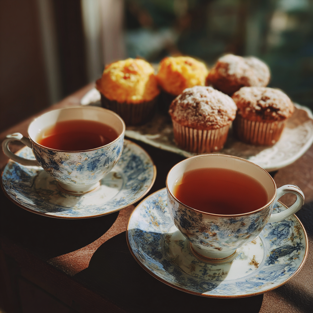 Dos tazas de té y una bandeja de magdalenas sobre una mesa | Fuente: Midjourney