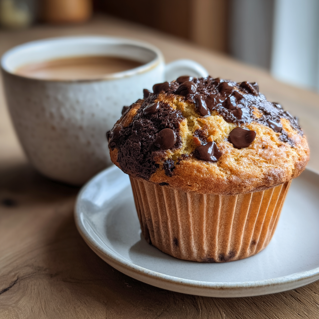 Una magdalena y una taza de café en la encimera de una cocina | Fuente: Midjourney