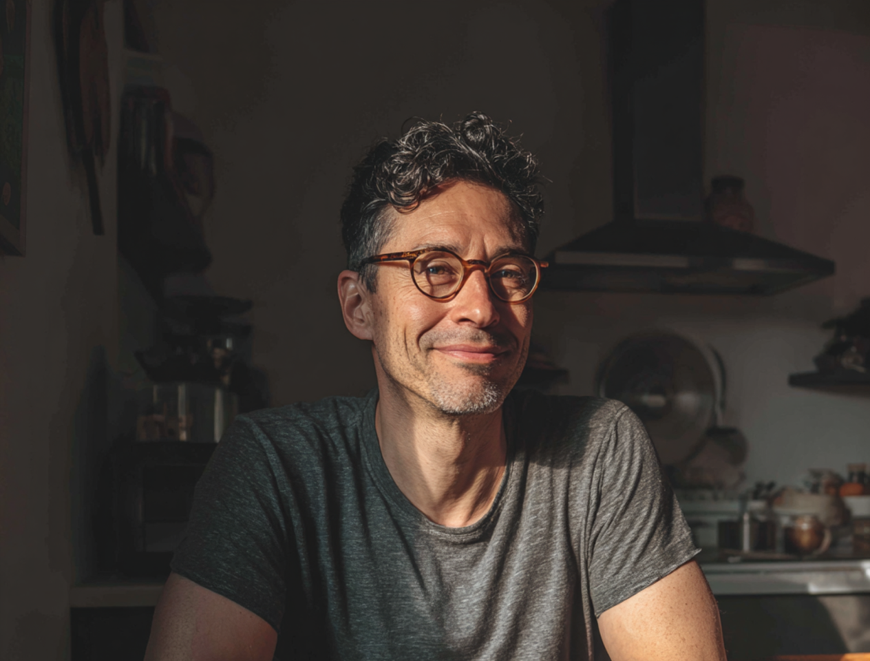 Un hombre sonriente sentado a la mesa de la cocina | Fuente: Midjourney