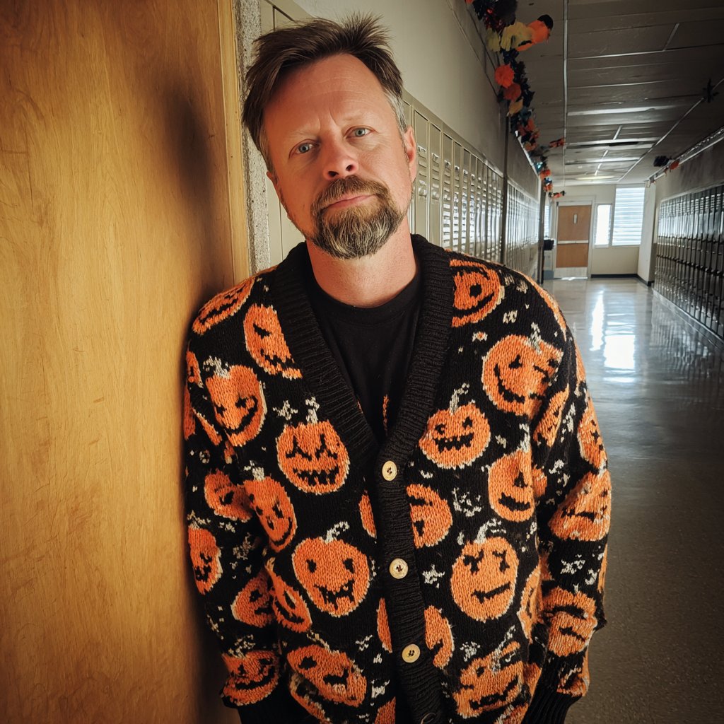 Un profesor de pie en un pasillo | Fuente: Midjourney