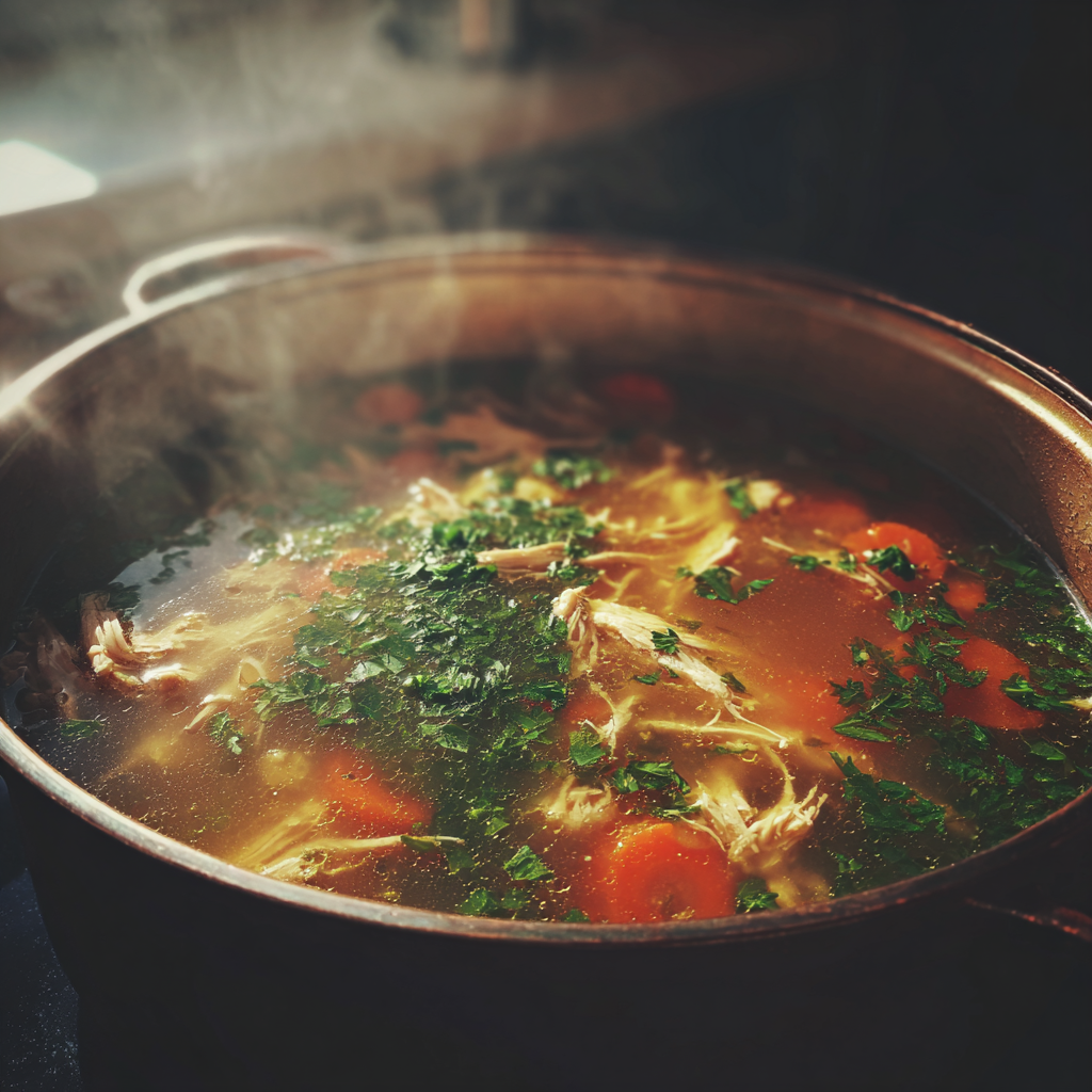 Una olla de sopa de pollo | Fuente: Midjourney