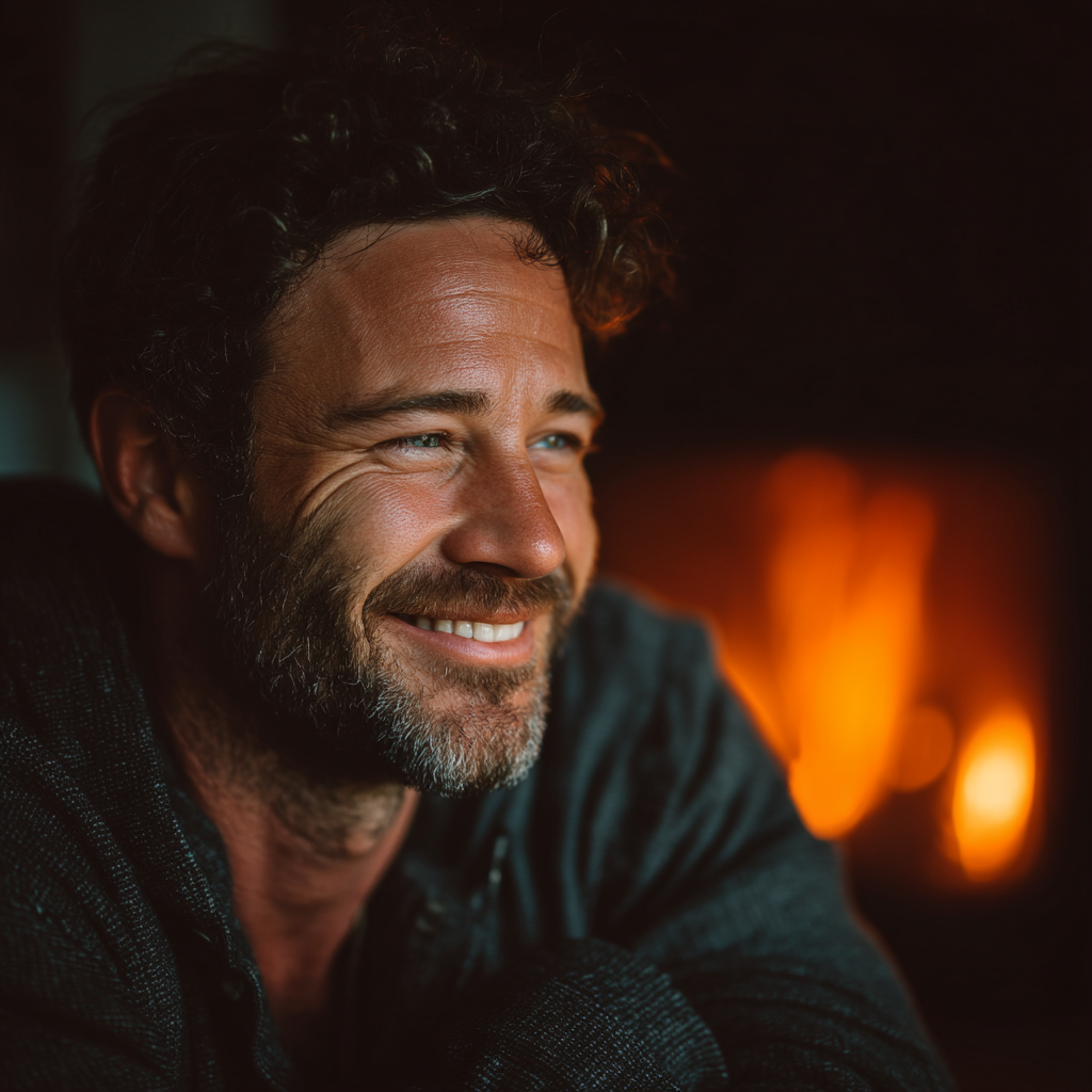 Un hombre feliz sentado junto a la chimenea de su casa | Fuente: Midjourney