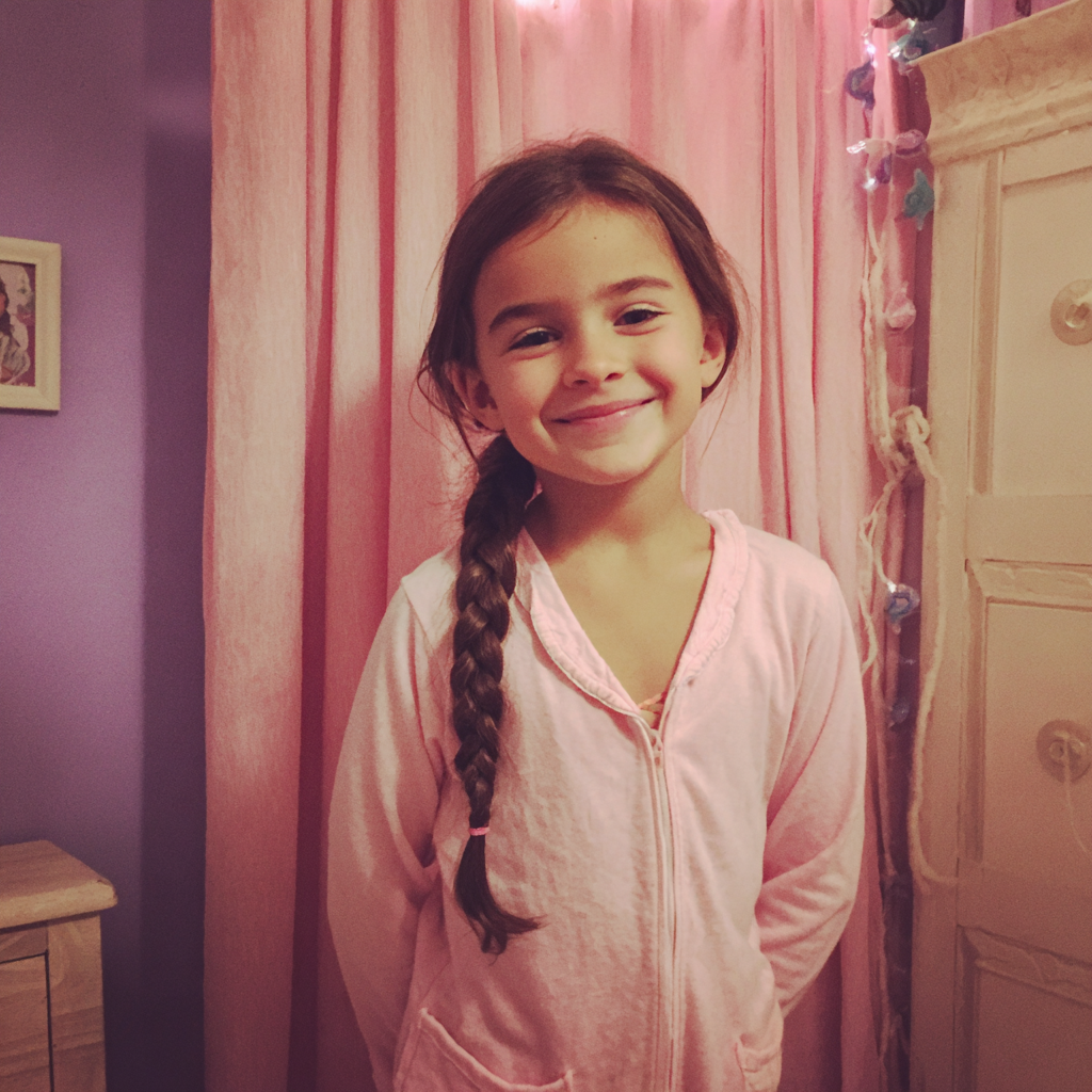Una niña sonriente con su pijama | Fuente: Midjourney