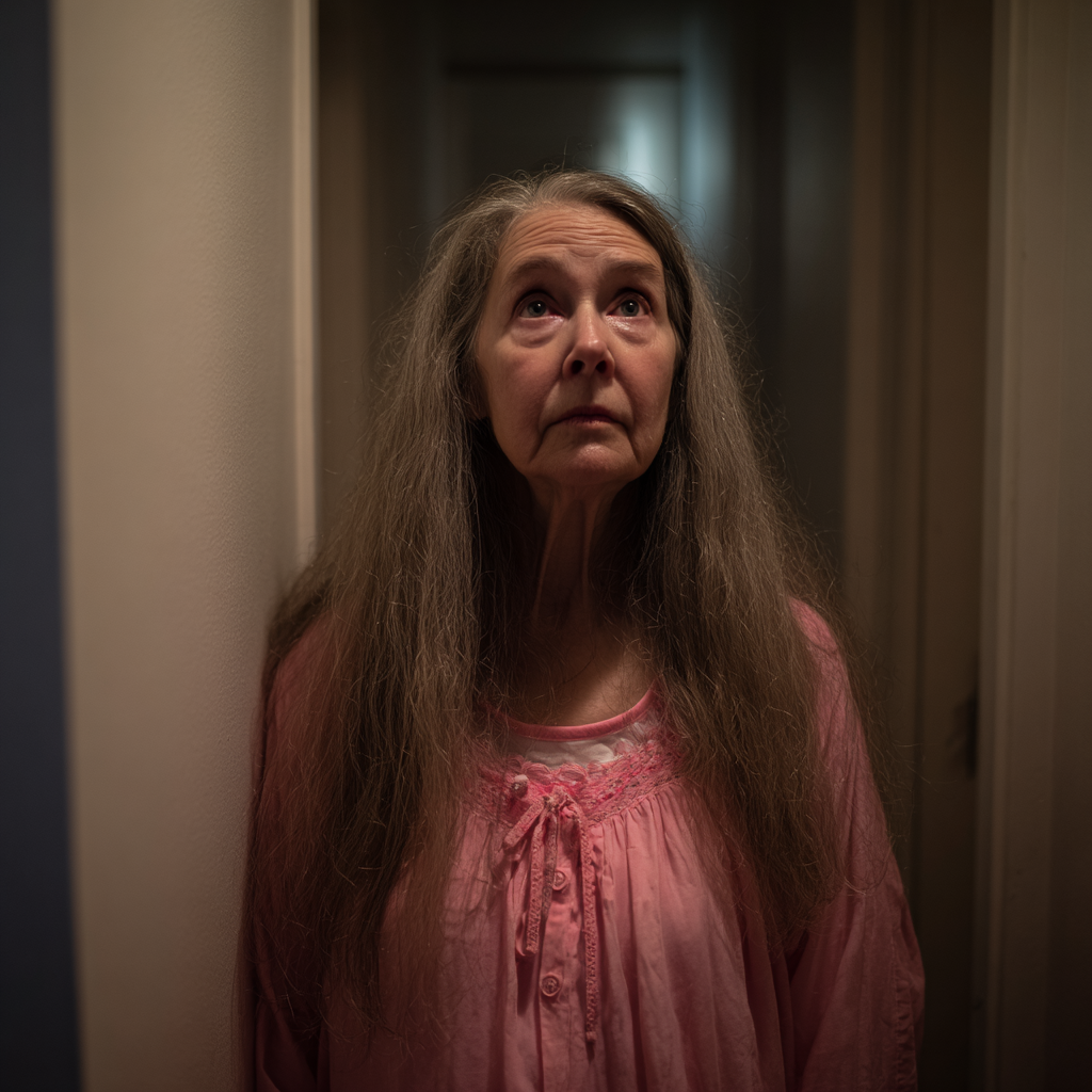Una anciana alterada en un pasillo con un camisón rosa | Fuente: Midjourney