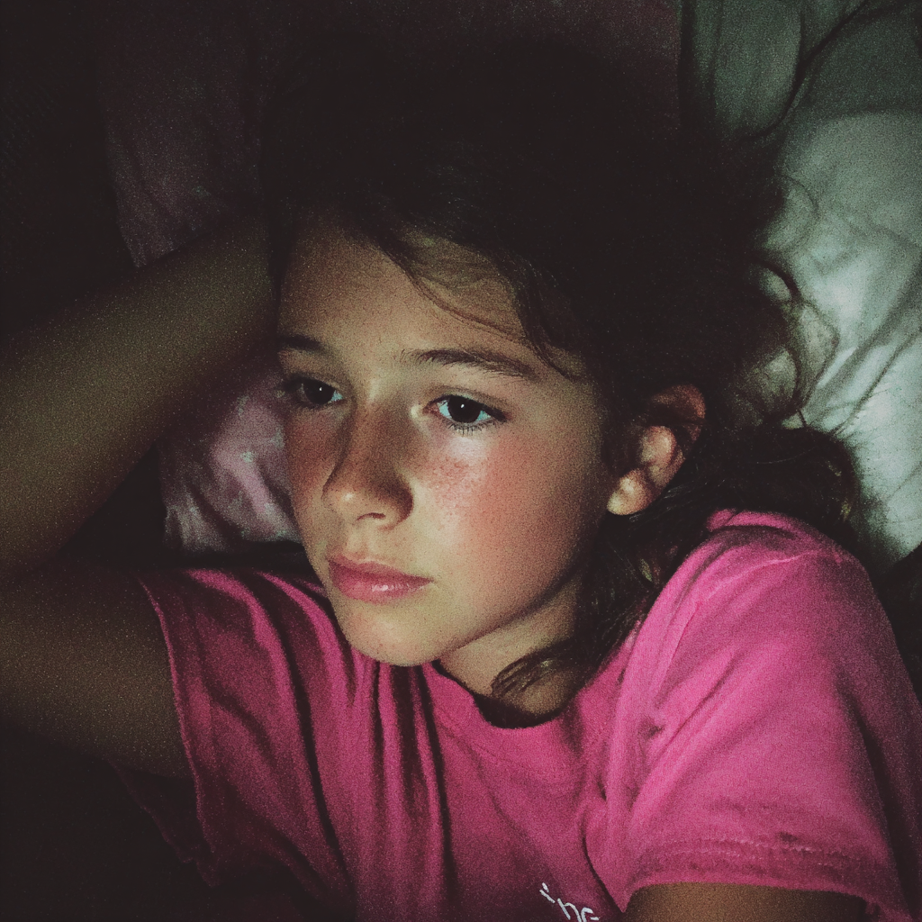 Una emotiva niña tumbada en la cama | Fuente: Midjourney
