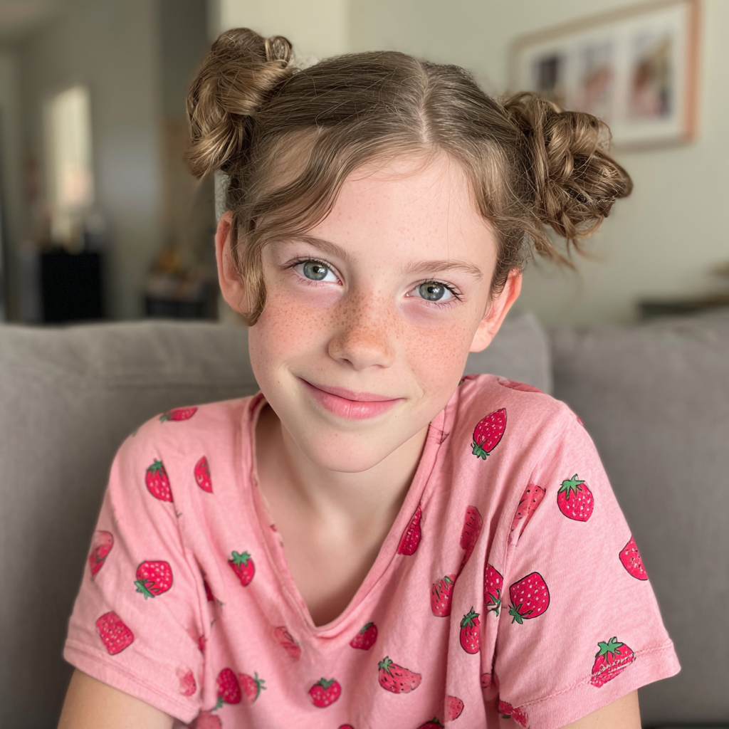 Una niña sonriente sentada en un sofá | Fuente: Midjourney