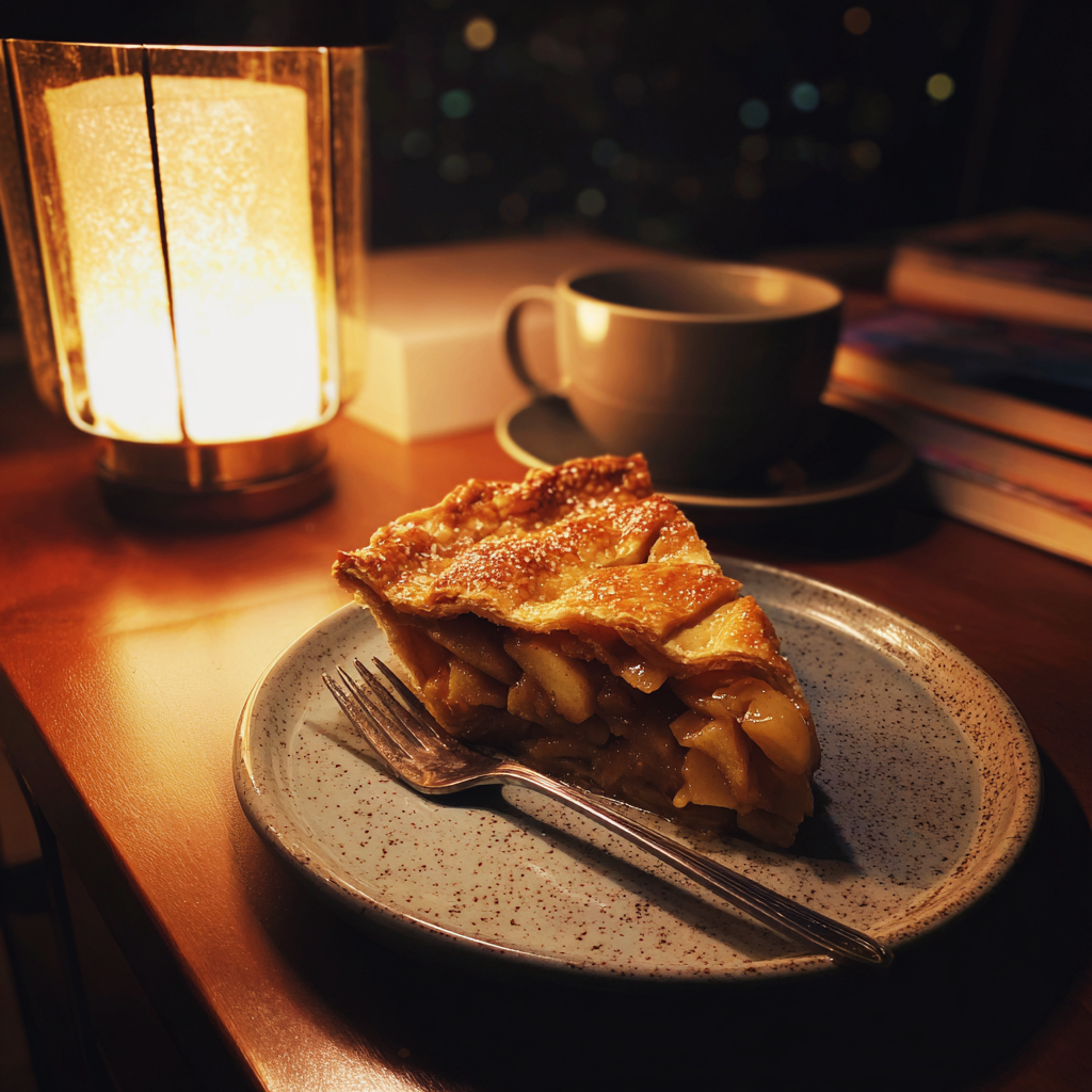 Un trozo de tarta de manzana sobre una mesa | Fuente: Midjourney