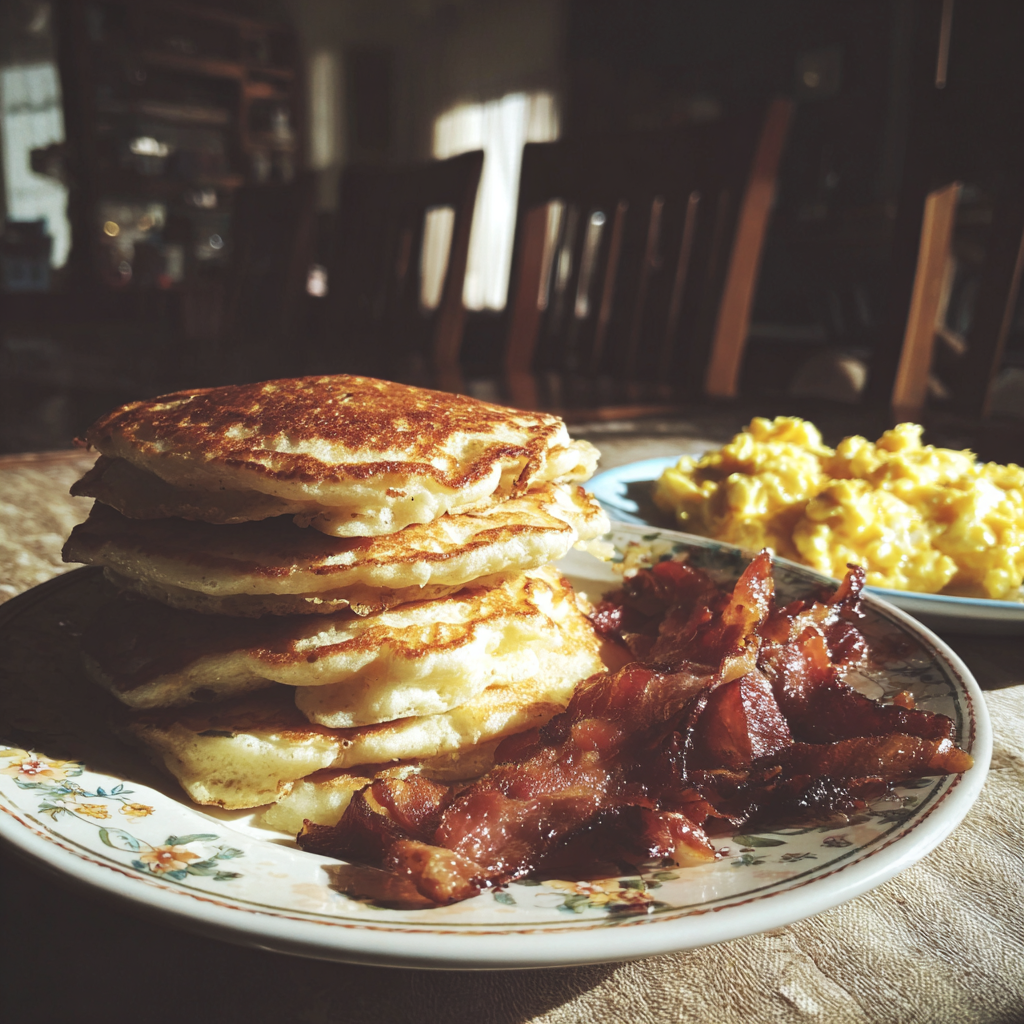 Un plato de tortitas y bacon | Fuente: Midjourney