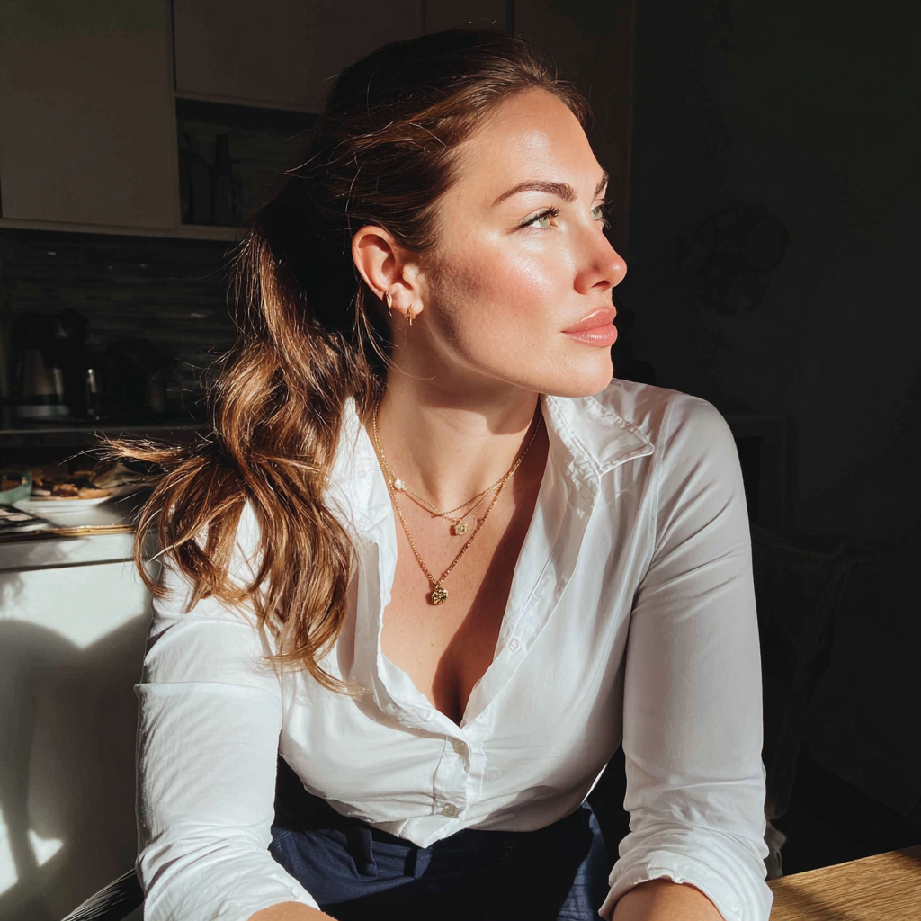 Una mujer sentada a la mesa | Fuente: Midjourney