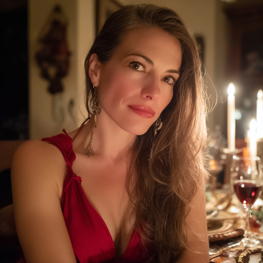 Primer plano de una mujer sentada a una mesa | Fuente: Midjourney