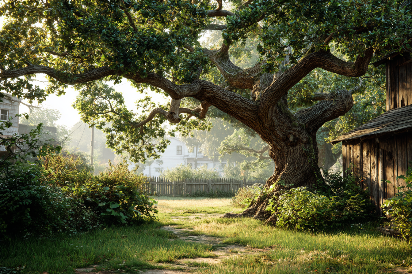 Un roble en un patio trasero | Fuente: Midjourney