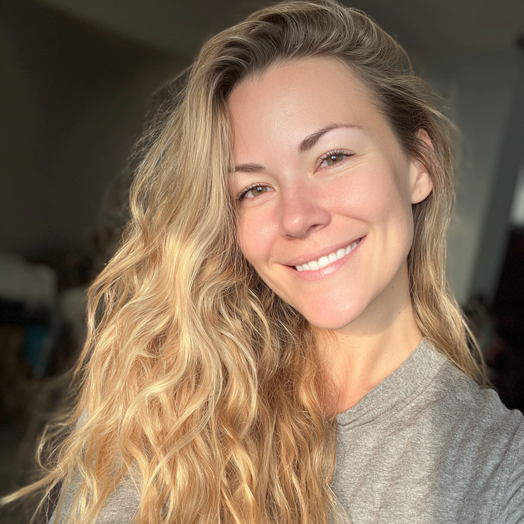 Una mujer sonriente con el pelo rubio | Fuente: Midjourney
