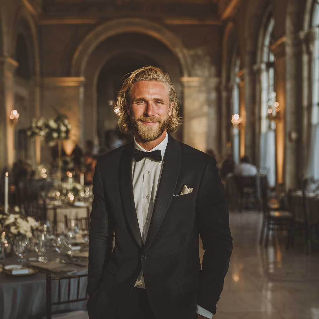 Un novio sonriente en un banquete de boda | Fuente: Midjourney