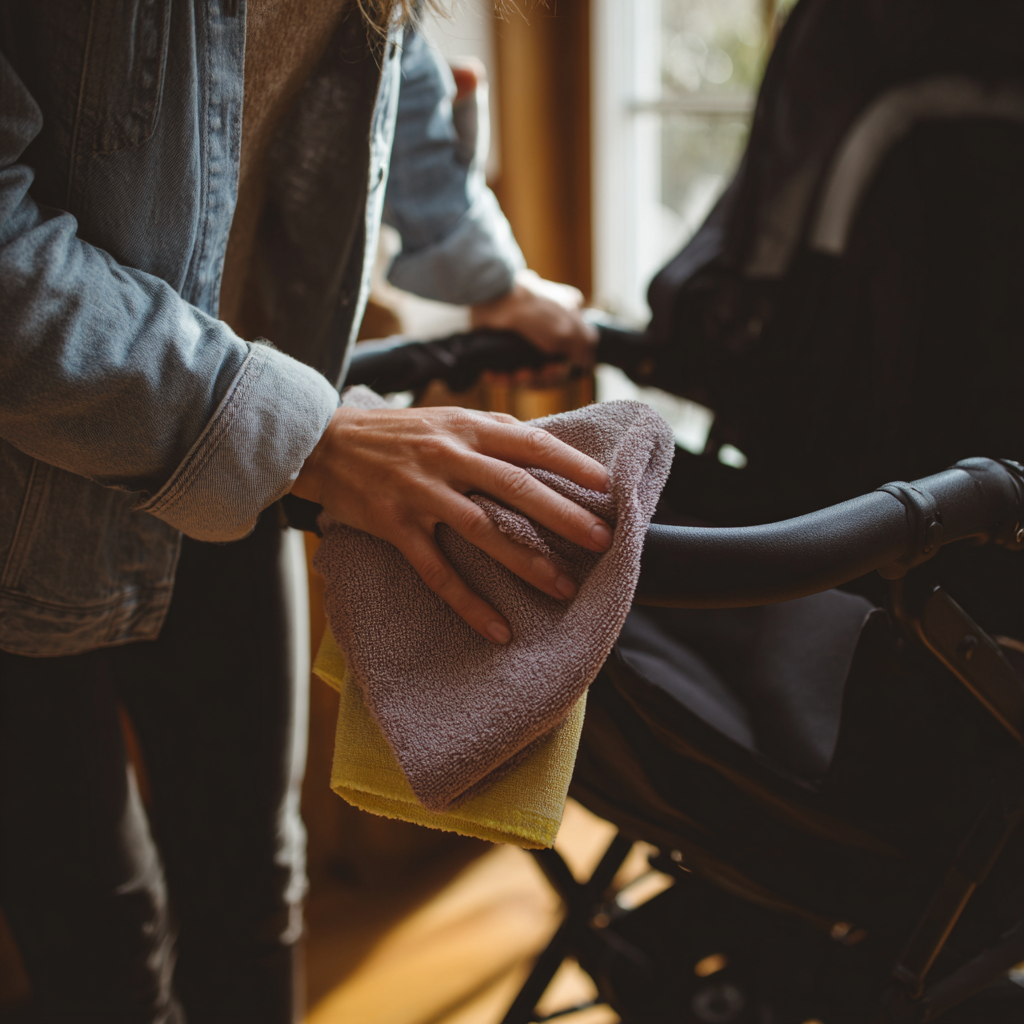Primer plano de una mujer limpiando un cochecito de bebé | Fuente: Midjourney