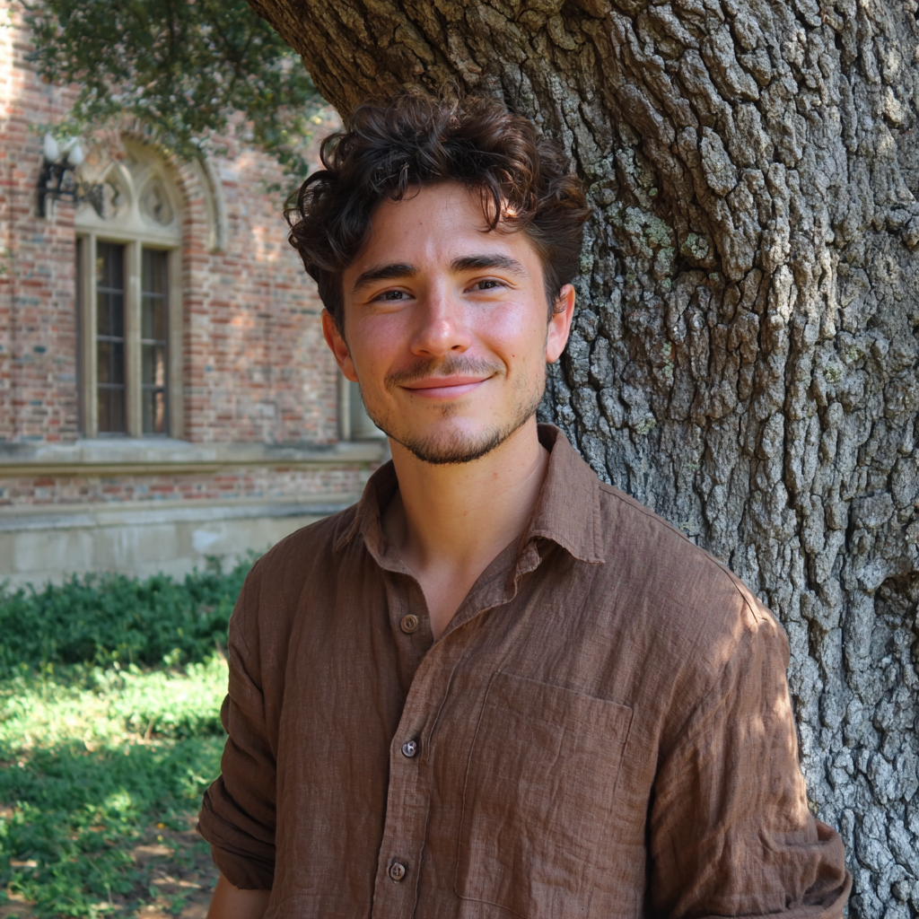 Un hombre sonriente con una camisa de lino marrón | Fuente: Midjourney