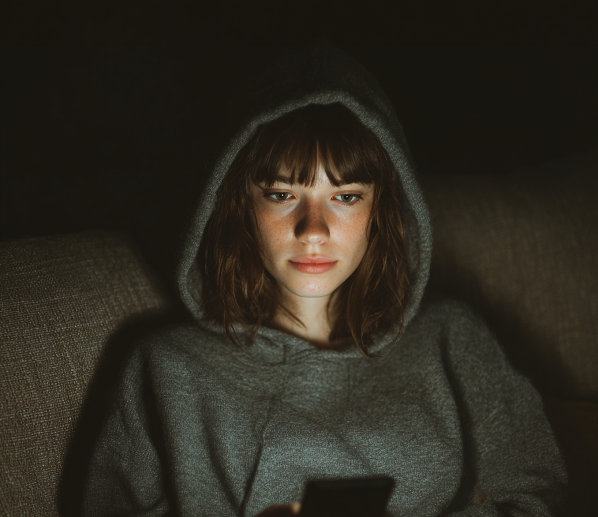 Una mujer usando su teléfono en la oscuridad | Fuente: Midjourney